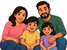 Parents and two children smiling together.