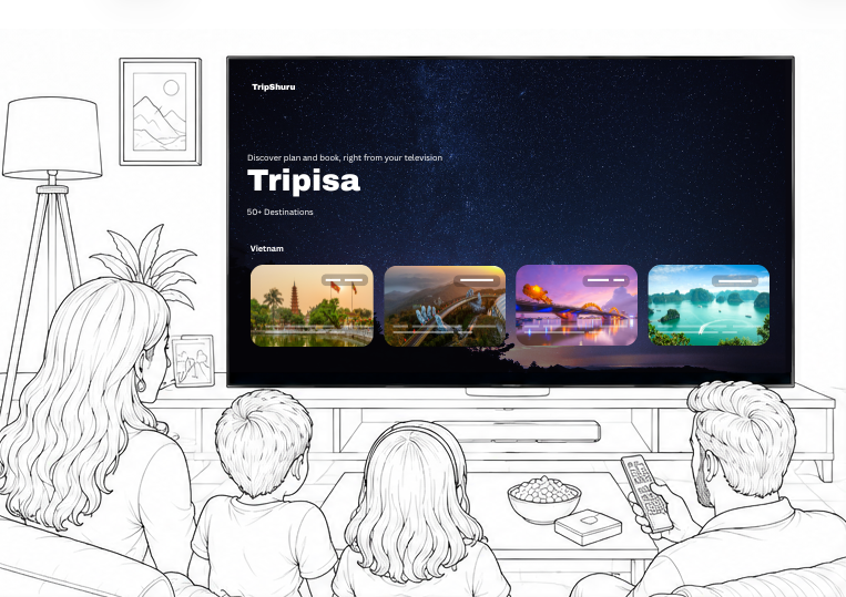 A family sitting together and browsing trip ideas on TV.